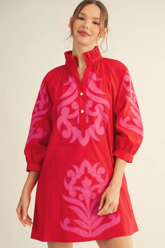 RED V-NECK COLLAR MINI DRESS WITH PINK ACCENT