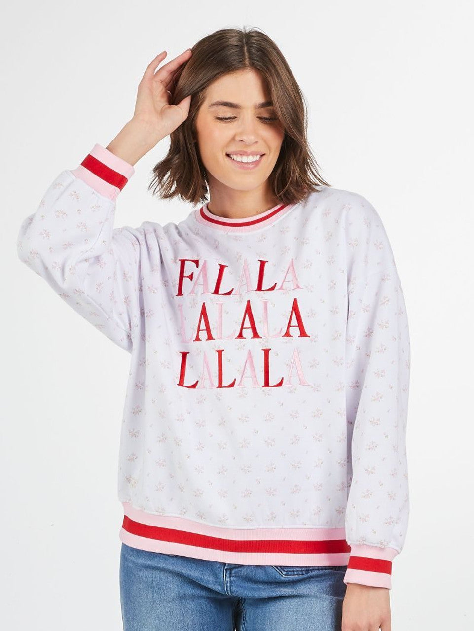 WHITE W/PINK FLORAL VARSITY FALALA SWEATSHIRT