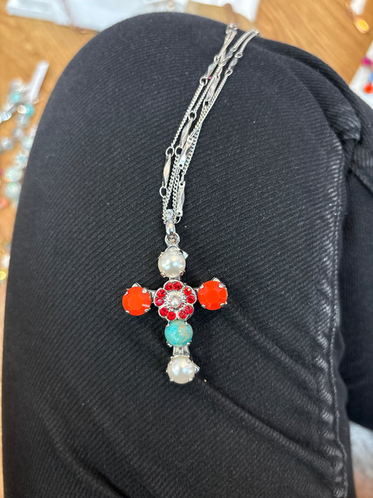 SLVR RED/PEARL/TURQUOISE CROSS NECKLACE