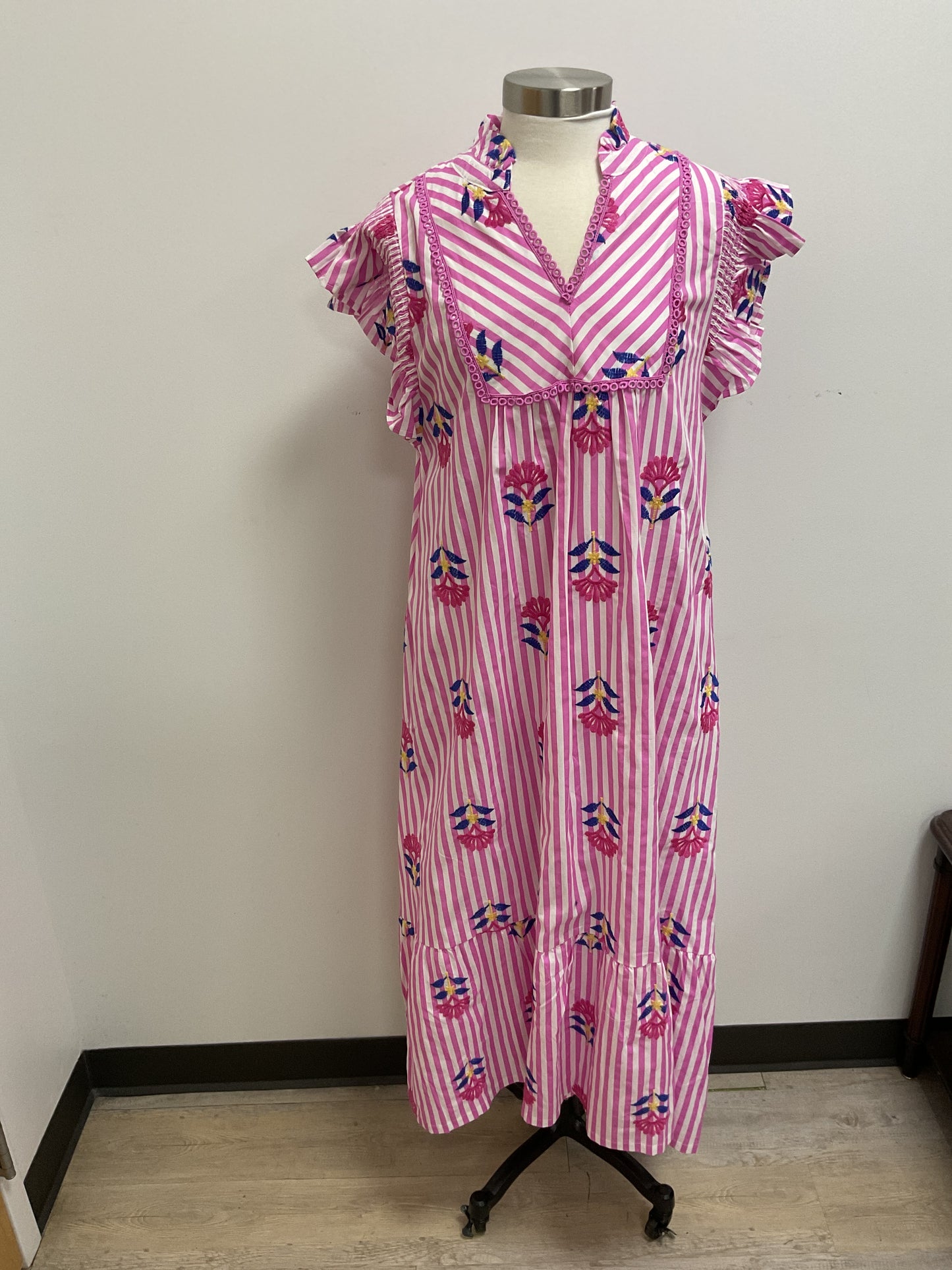 PINK STRIPE EMBROIDERED MAXI DRESS WITH FLUTTER SLEEVES