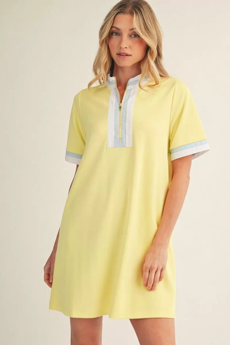 YELLOW QUARTER ZIP MINI DRESS WITH BLUE AND WHITE CONTRAST