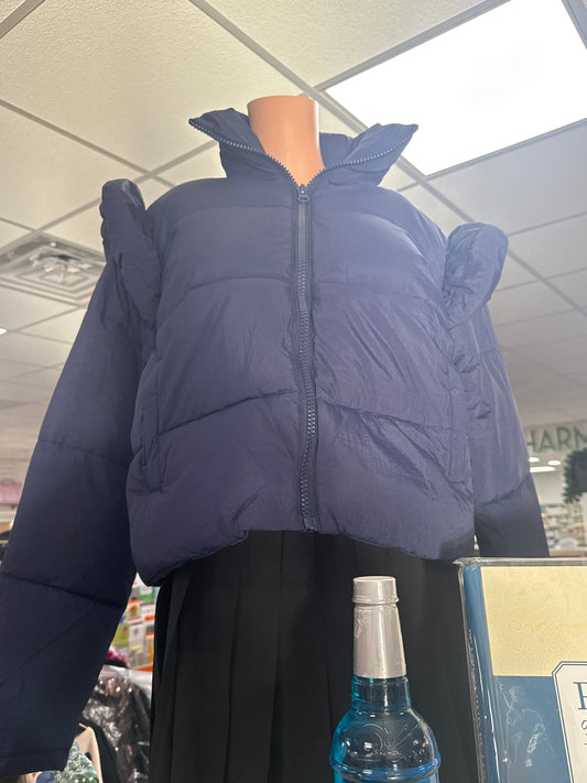 NAVY PUFFERCOAT W/RUFFLE SHOULDER