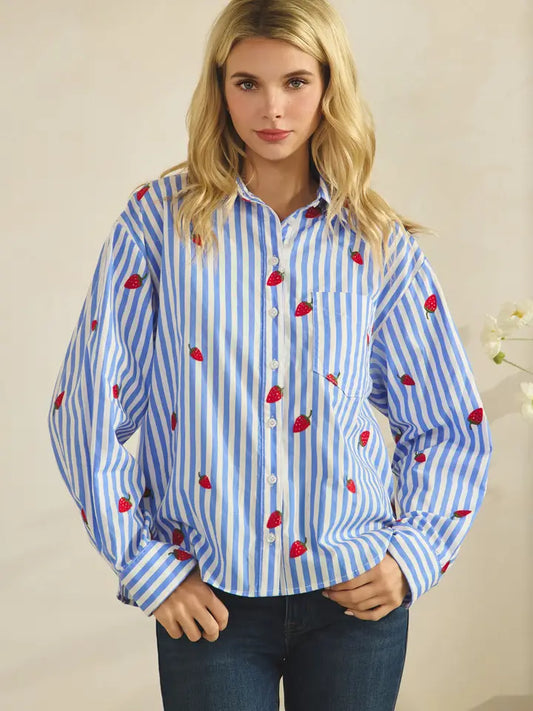 STRAWBERRY EMBROIDERY BUTTON DOWN BLOUSE