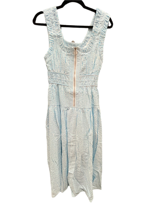 AQUA STRIPE RUSCHED SQUARE NECK SLEEVELESS ZIP FRONT MIDI DRESS W/ELASTIC WAIST