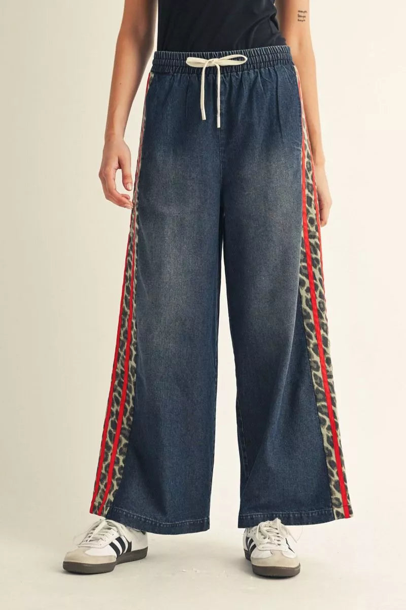 DARK DENIM PANTS W/LEOPARD & RED SIDE STRIPE DETAIL