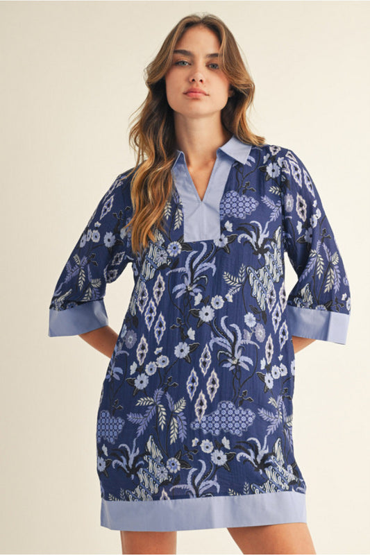 BLUE BOHO FLORAL SHIFT DRESS W/CONTRAST ACCENT DETAIL