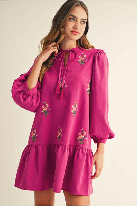 MAGENTA LONG PUFF SLEEVE FLORAL EMBROIDERED DRESS