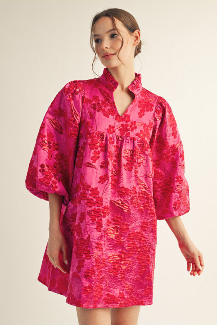 HOT PINK 3/4 PUFF SLEEVE FLORAL JACQUARD DRESS