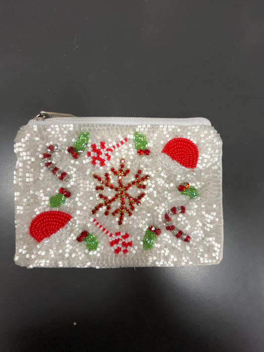 WHITE BEADED CHRISTMAS THEME COIN PURSE