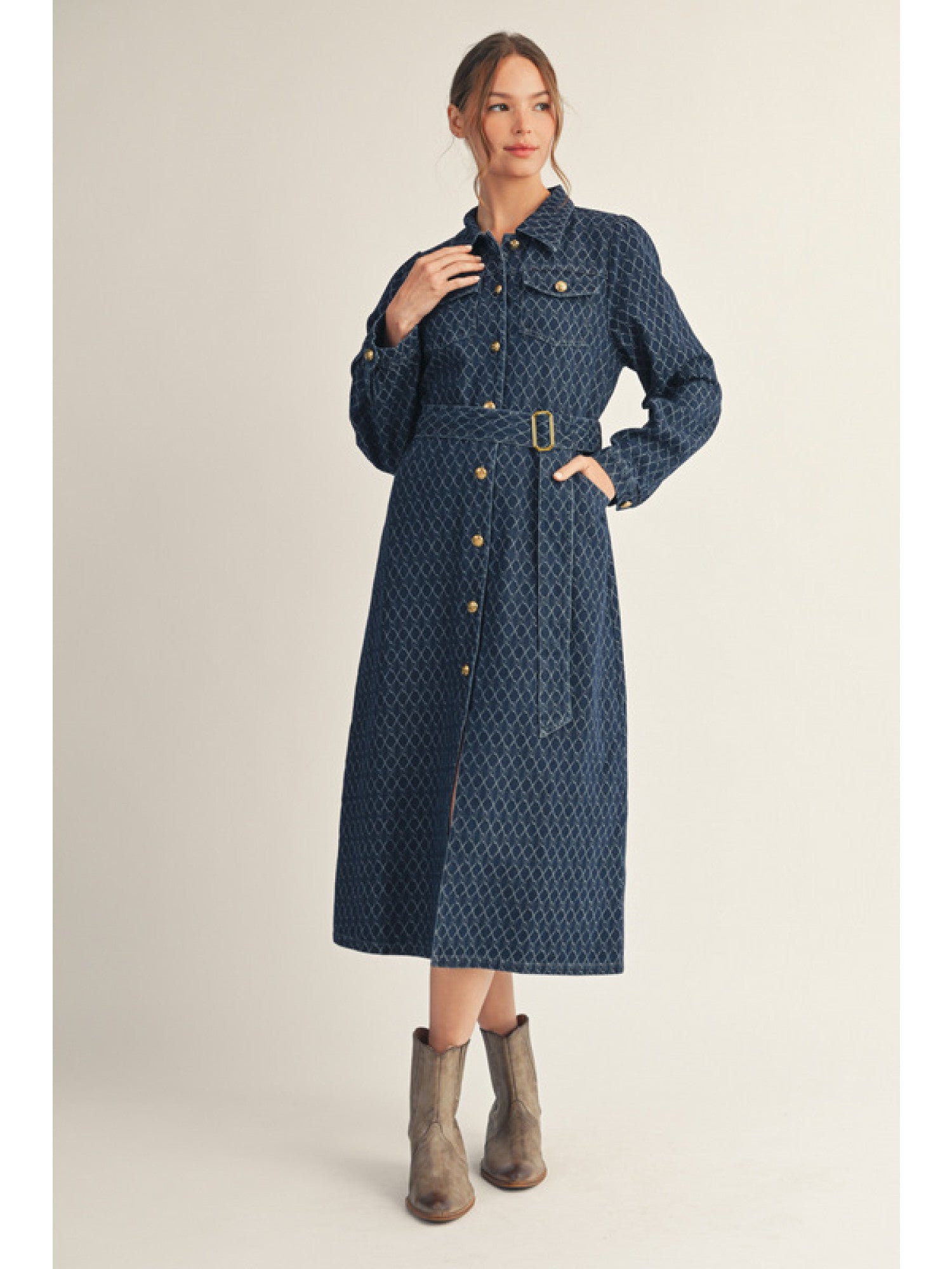 INDIGO LONG SLEEVE DENIM MIDI DRESS
