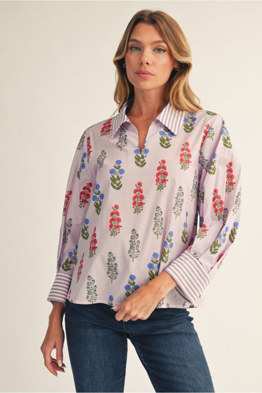 LAVENDER 3/4 SLEEVE FLORAL BLOUSE W/STRIPE CONTRAST DETAIL