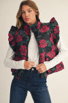 BLACK WITH PINK JACQUARD FLORAL PUFFER VEST