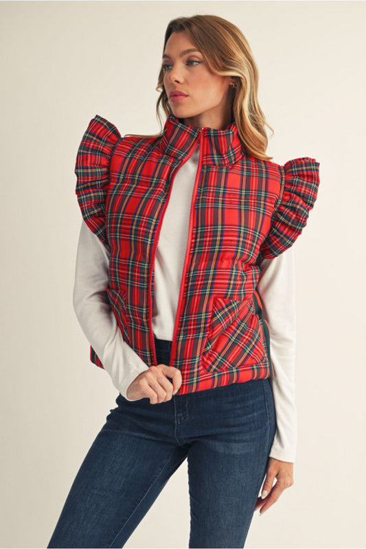 RED PLAID RUFFLE VEST
