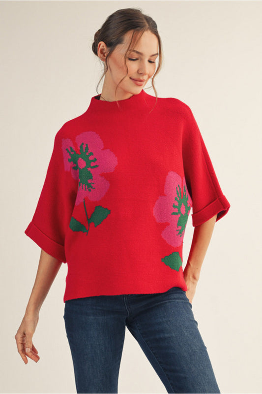 RED DROP SHOULDER FLORAL PATTERN MOCK NECK SWEATER