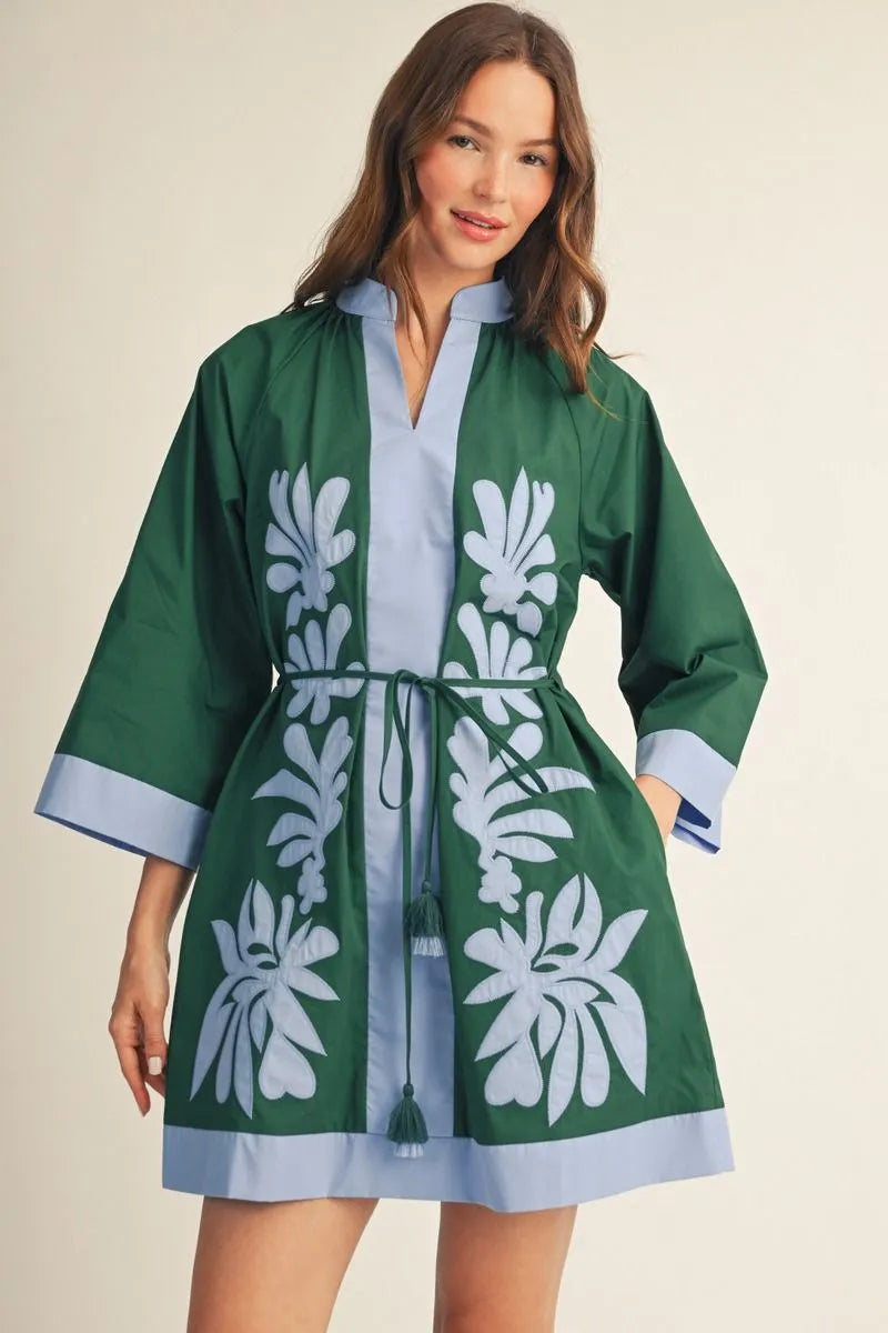 3/4 SLEEVE EMBROIDERED APPLIQUE DRESS WITH TASSEL TIE - GREEN/BLUE