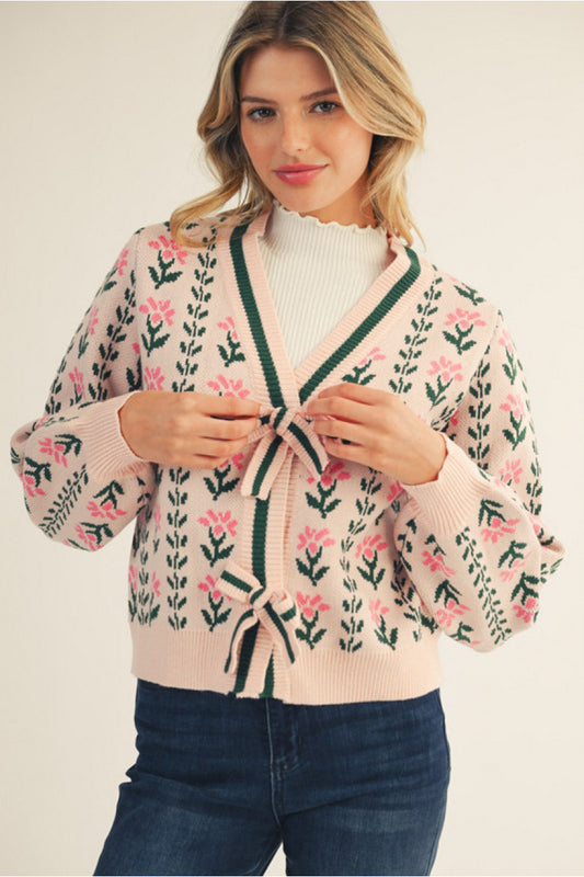 PINK FLORAL SWEATER WITH BOWS