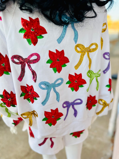 White Multi Bows & Poinsettia Sweatshirt & Short Set