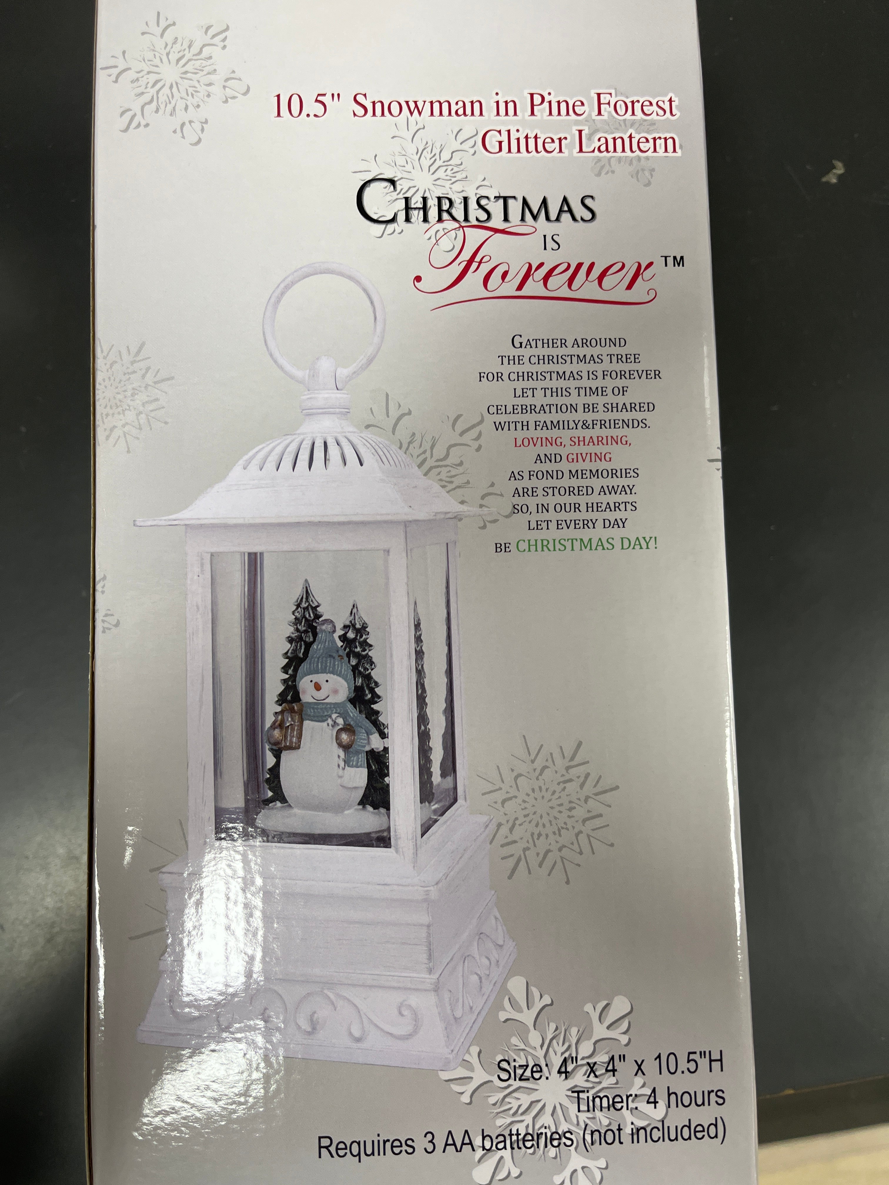 10.5" SNOWMAN IN PINE FOREST GLITTER LANTERN