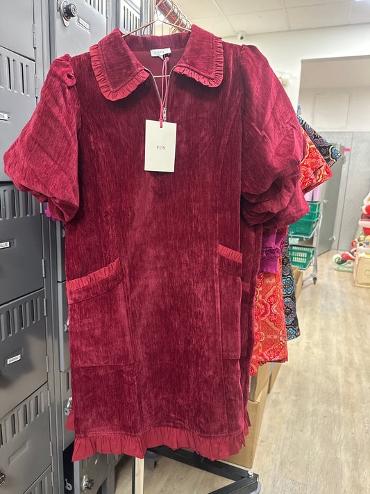 BURGUNDY QUARTER ZIP RUFFLE POCKET DETAIL DRESS