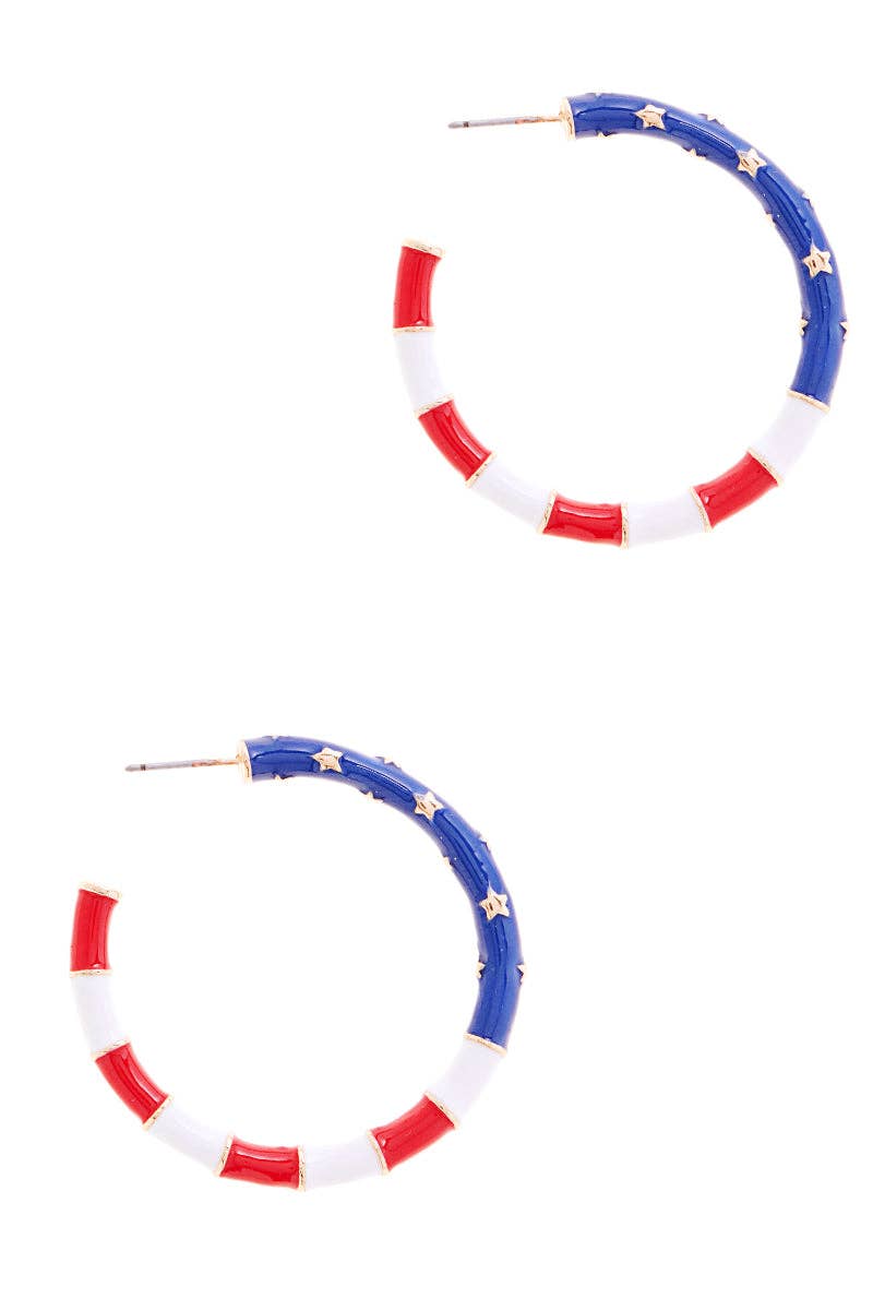 Round Shaped American Flag Enamel Hoop Earrings