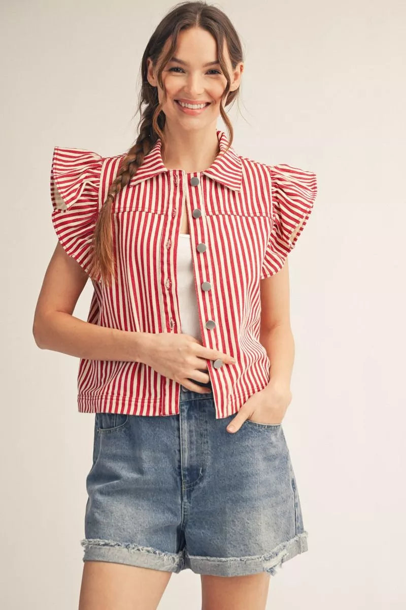 RED & WHITE STRIPED VEST WITH RUFFLE SLEEVE