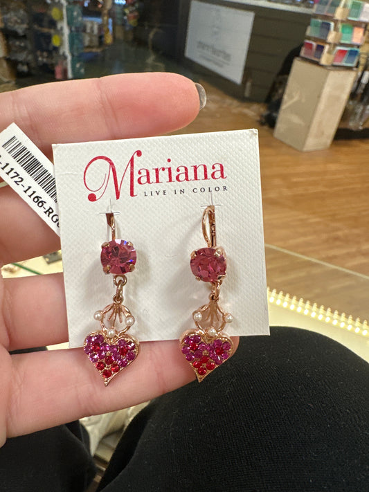 MARIANA RH EARRINGS - HEART 2 DROP W/PNK/PPL CRYSTALS