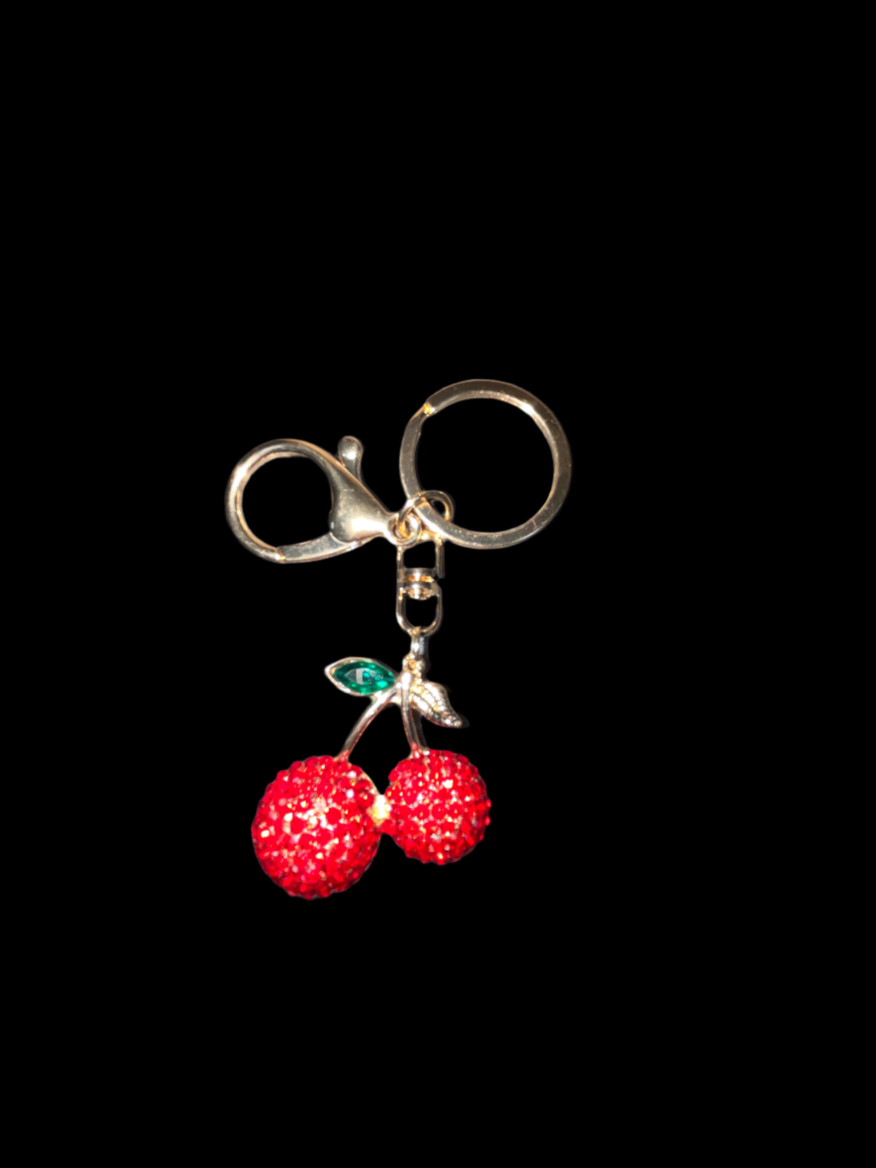CRYSTAL EMBELLISHED GOLD CHERRY BAG CHARM/KEYCHAIN