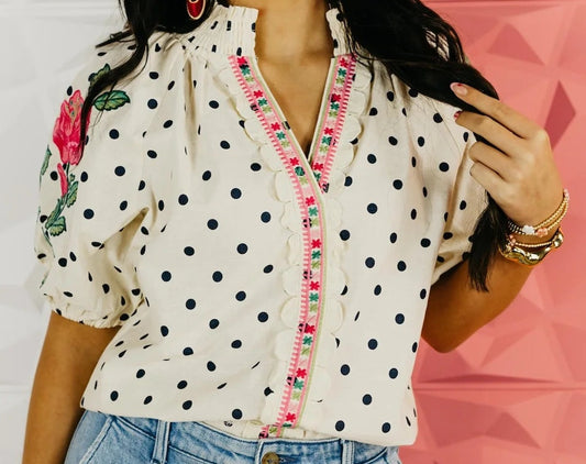 POLKA DOT EMBROIDERY DETAIL PUFF SLEEVE BLOUSE