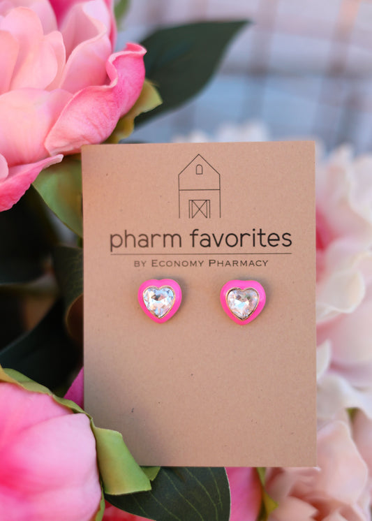 PINK HEART STUD EARRINGS W/CLEAR CRYSTAL INLAY