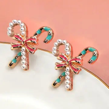 CHRISTMAS CANDY CANE PEARL BOW STUD EARRINGS