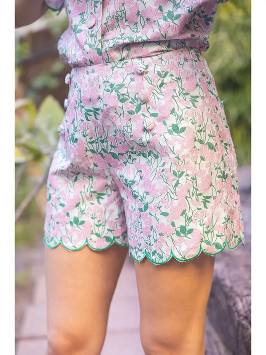 MAUVE SCALLOP EMBROIDERED HEM BUTTON DOWN TOP & SHORTS SET