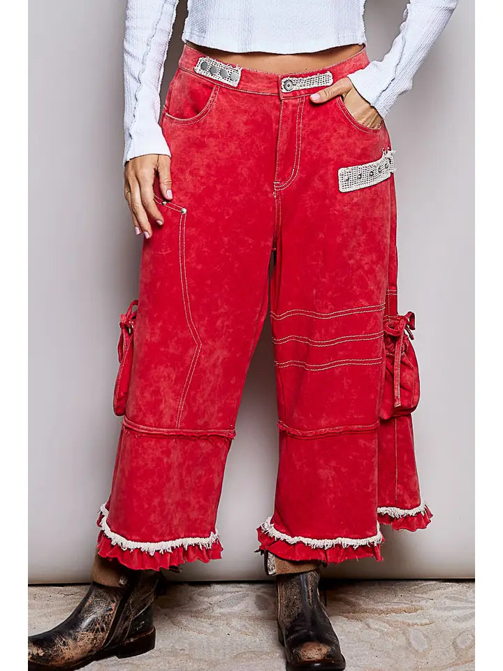 RUFFLE HEM HIGH RIDE WIDE LEG SNAP STUD DETAIL CARGO PANTS