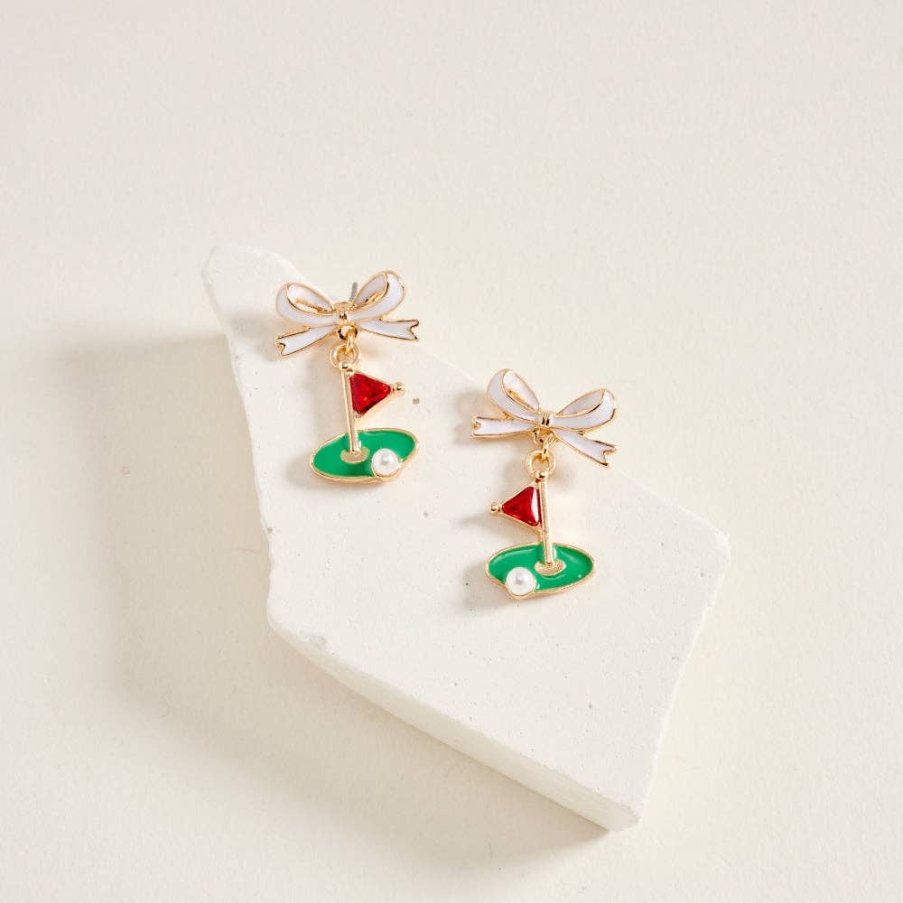 ENAMEL GOLF FLAG MARKER RIBBON BOW STONE PEARL EARRINGS
