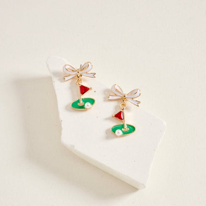 ENAMEL GOLF FLAG MARKER RIBBON BOW STONE PEARL EARRINGS