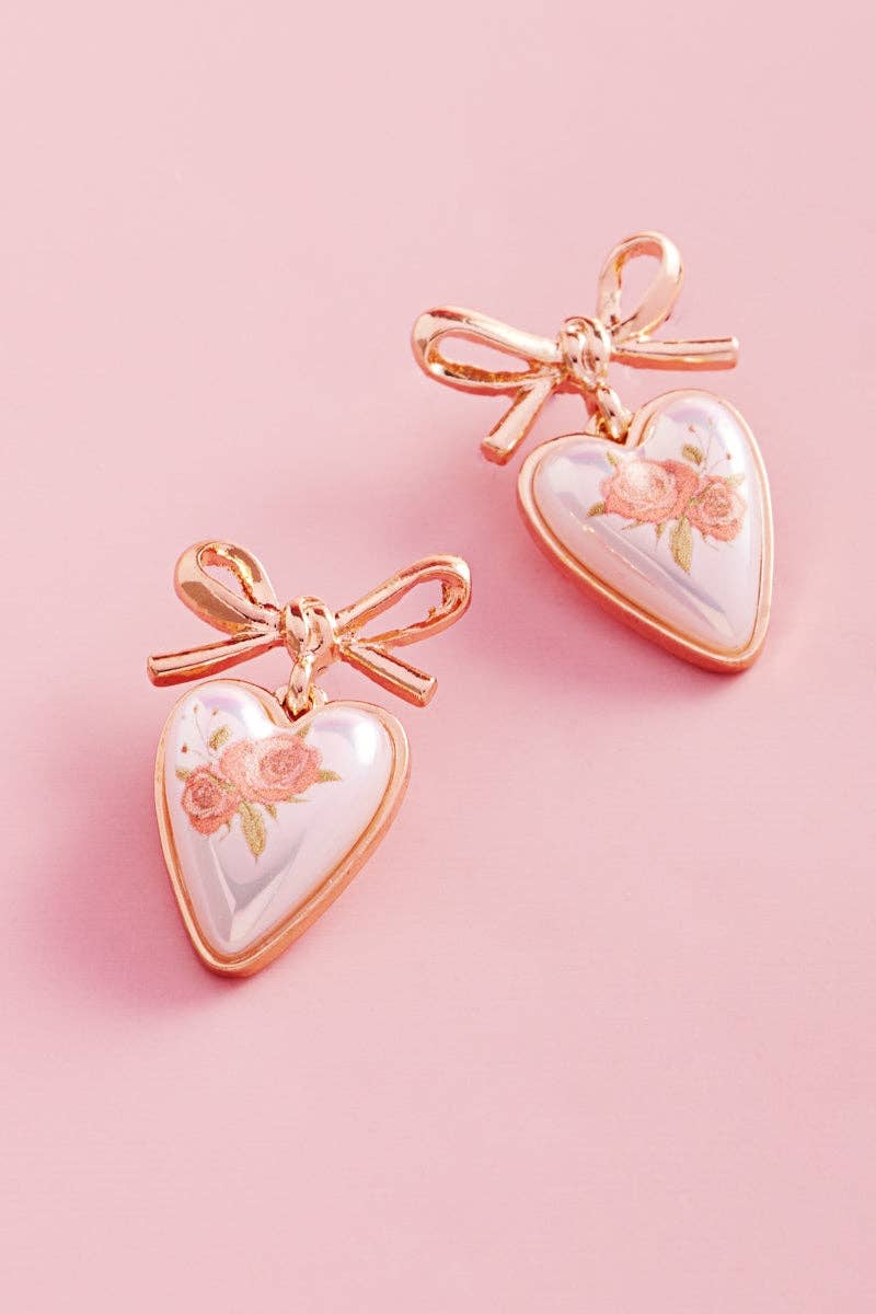 Valentines Heart Pearl Flower Print Post Earrings
