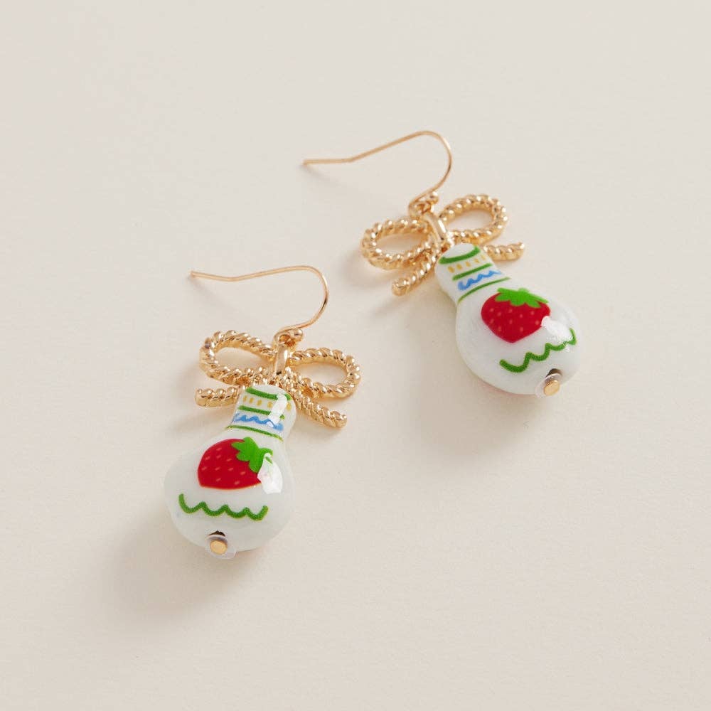 Strawberry Ceramic Bead W Metal Bow Hook Earrings