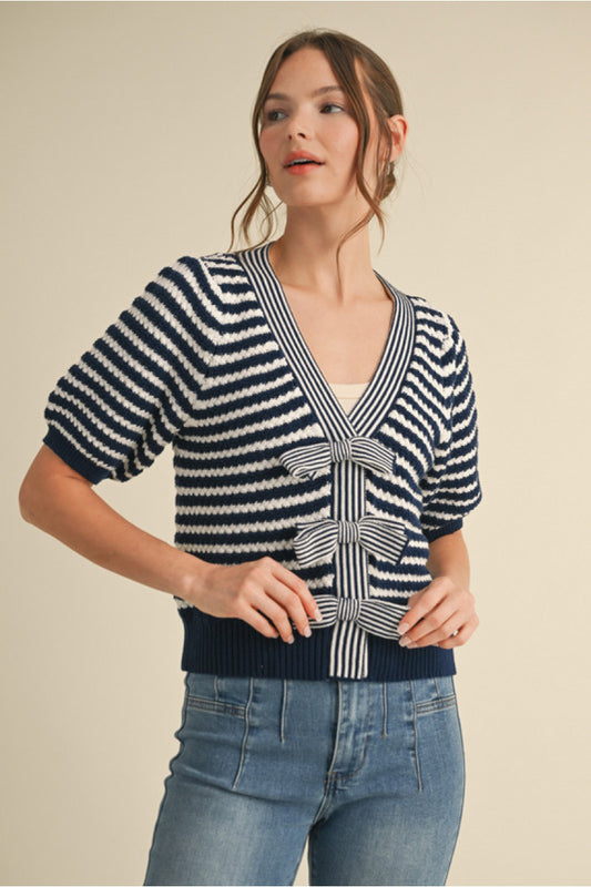 NAVY/OFF WHITE STRIPED CARDIGAN W/VNECK & BOWS