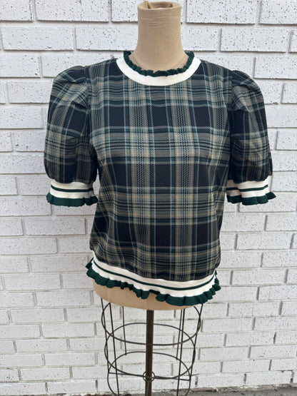 Black and Green Plaid Blouse with Cream Preppy Collar & Trim