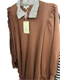BROWN SHIRT WITH BRWN/CRM STRIPED COLLAR