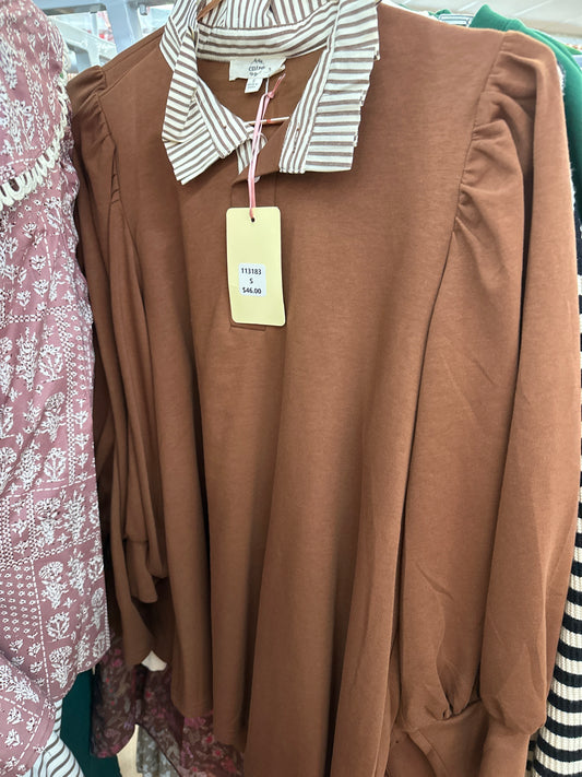 BROWN SHIRT WITH BRWN/CRM STRIPED COLLAR