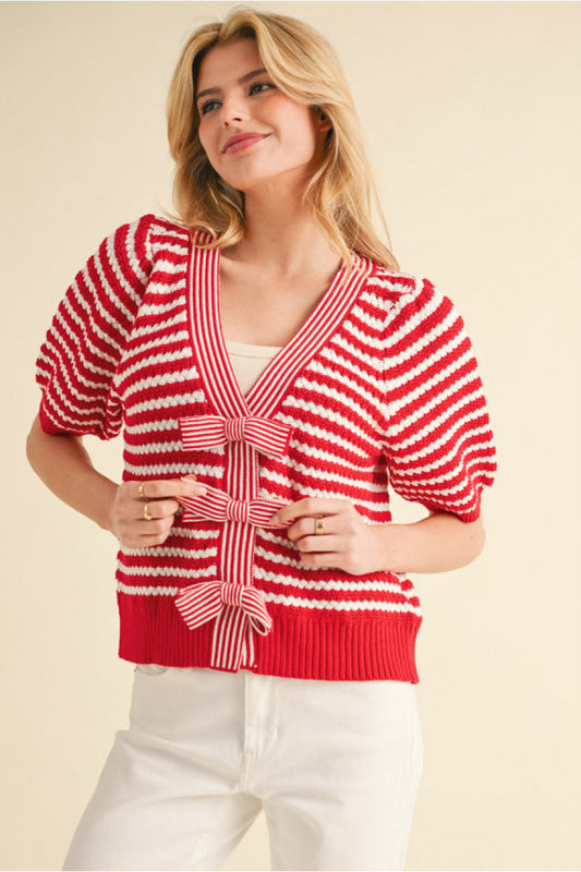 RED/OFF WHITE STRIPED CARDIGAN W/VNECK & BOWS