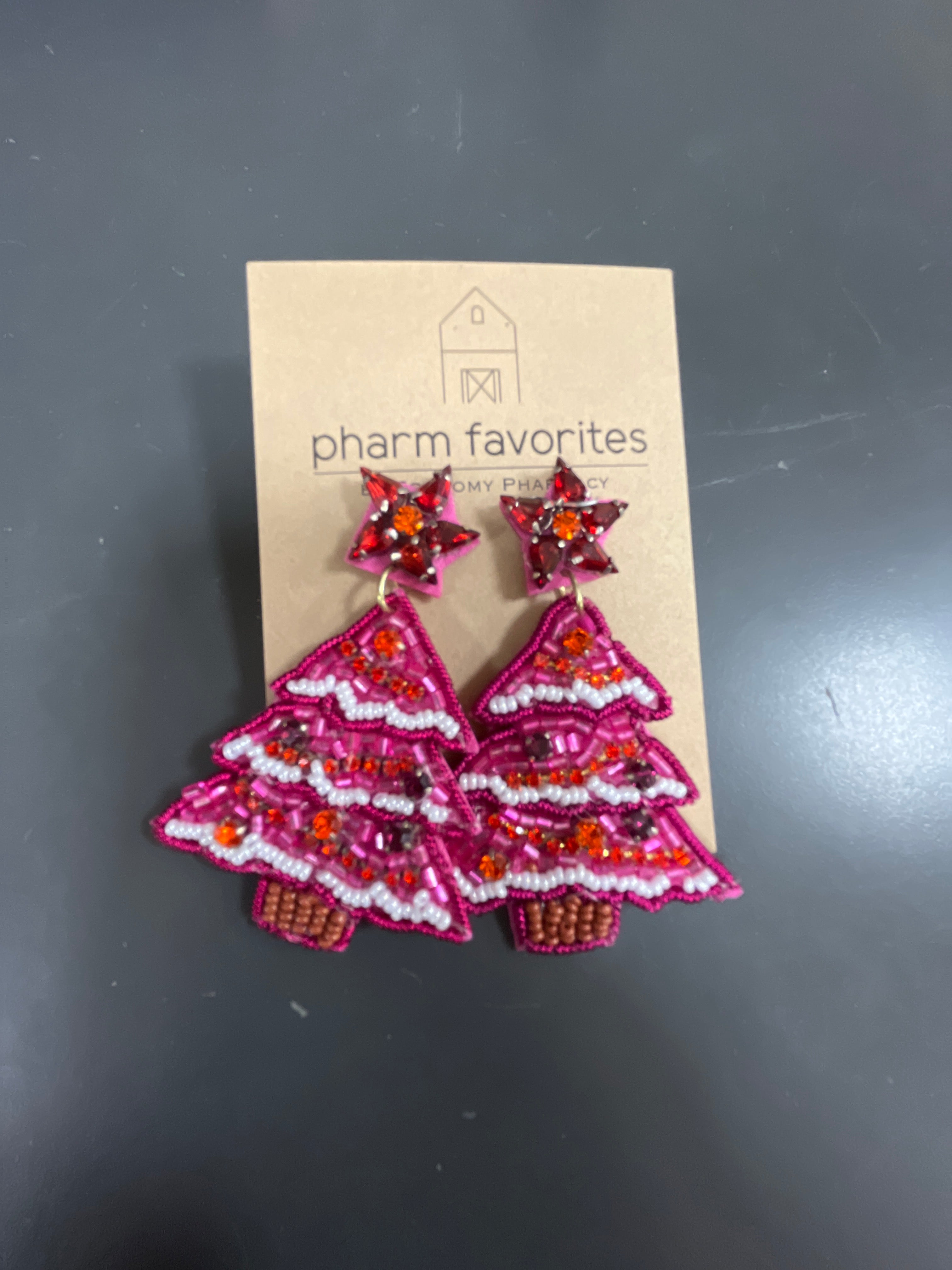 PINK BEADED CHRISTMAS TREE EARRINGS
