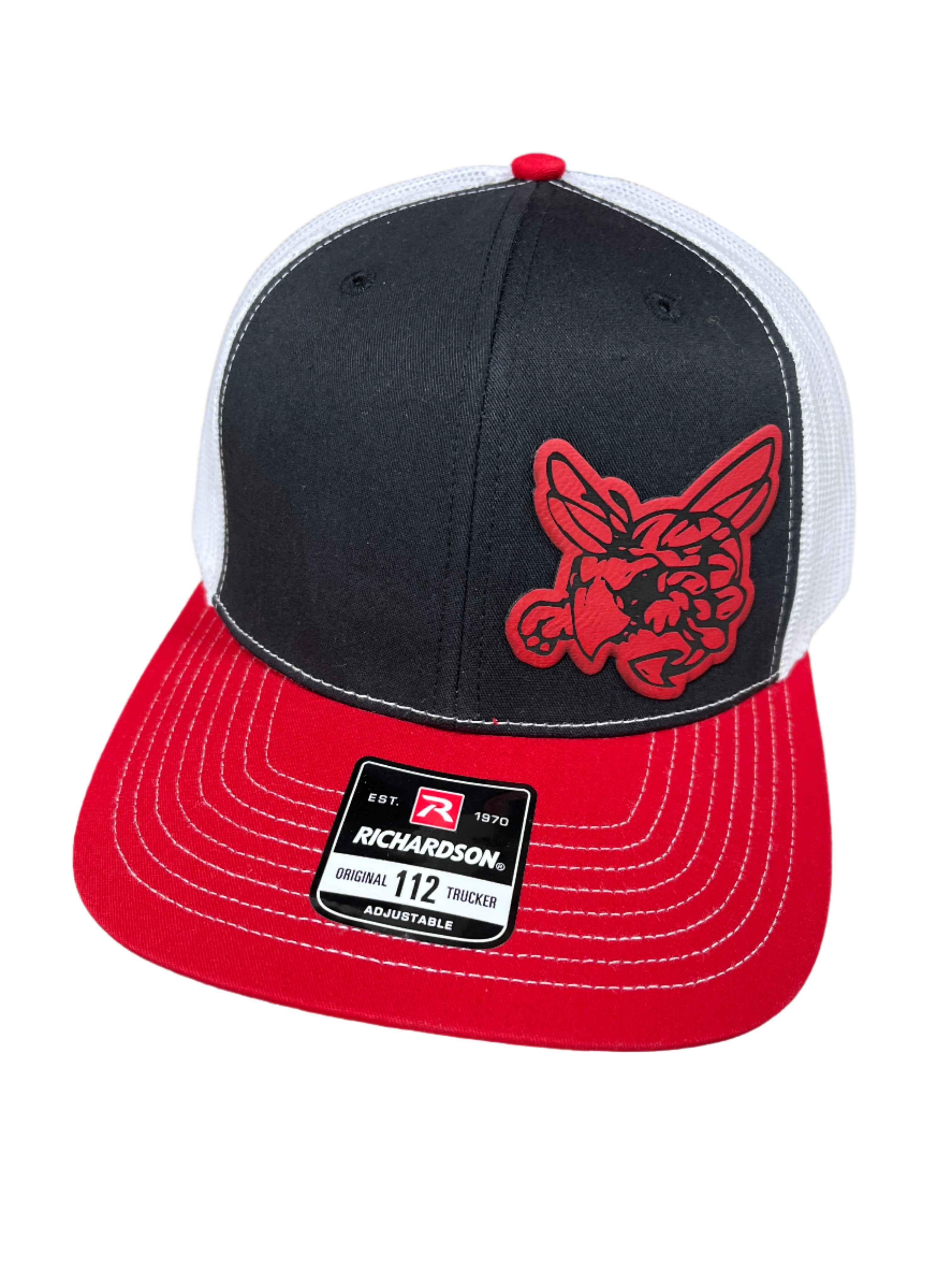 BLACK/WHITE/RED HAT WITH OFF CENTER RED HORNET PATCH