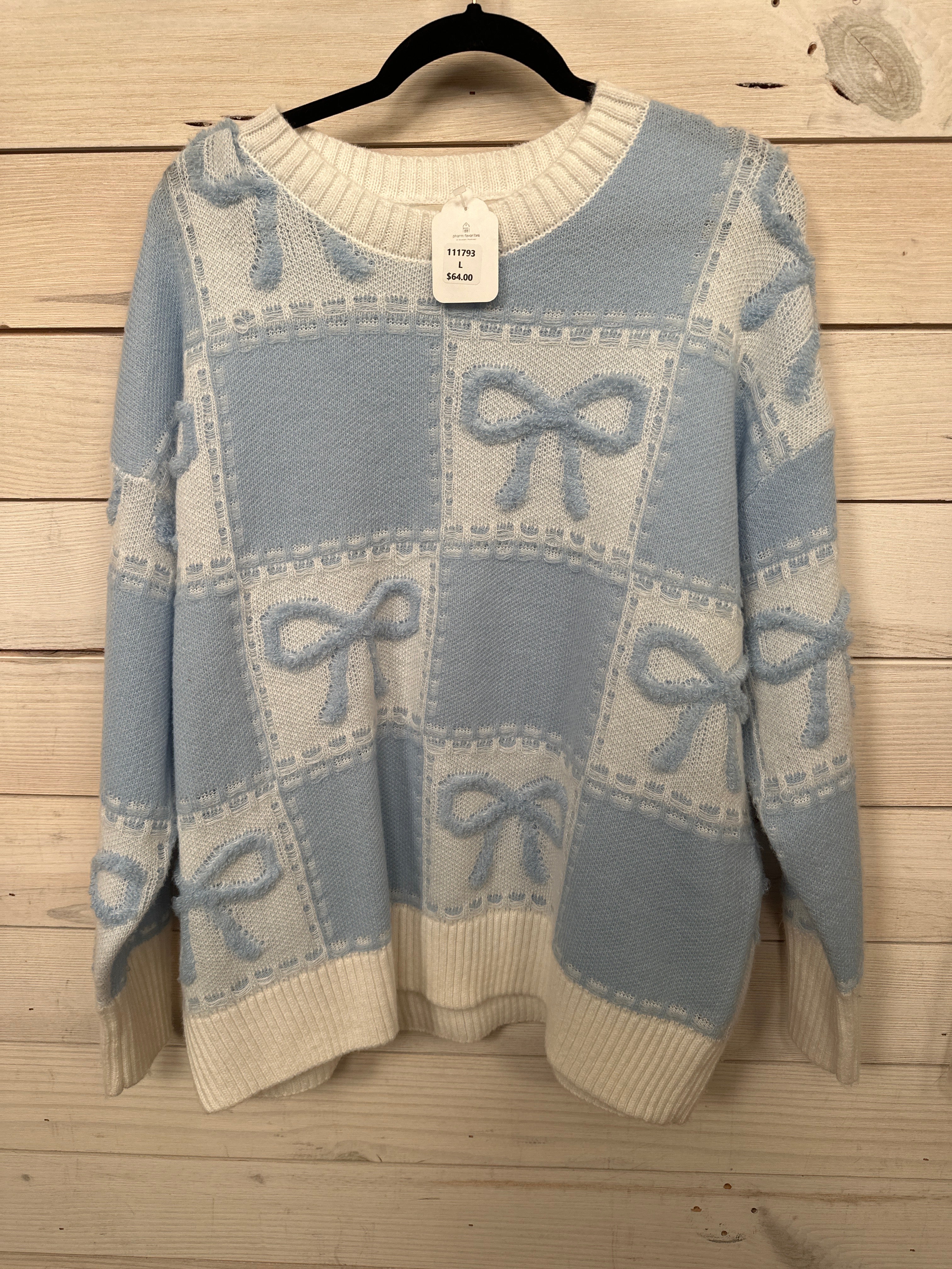 BLUE & WHITE SWEATER W/BLUE BOWS