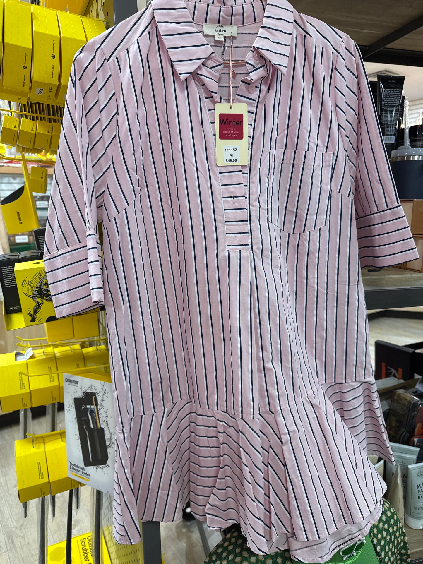 PINK, WHITE, NAVY SHIRT DRESS W/RUFFLE - M