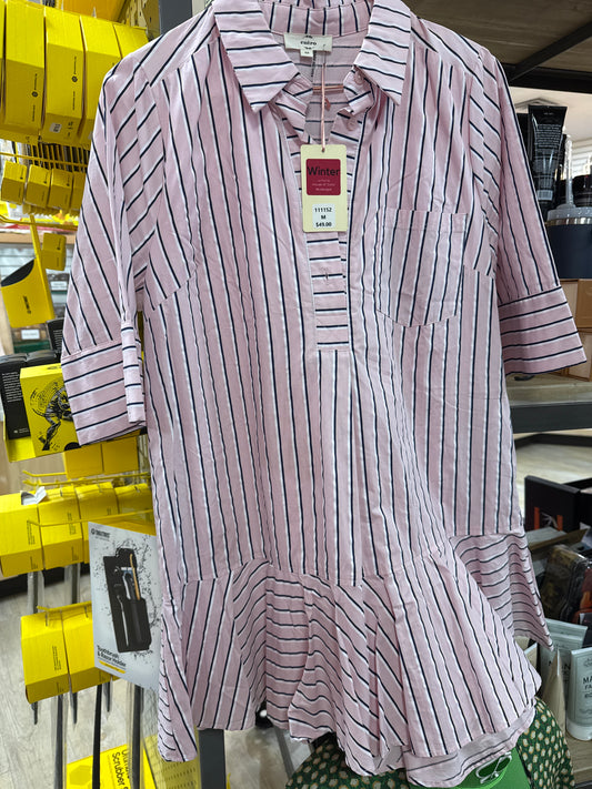 PINK, WHITE, NAVY SHIRT DRESS W/RUFFLE - M