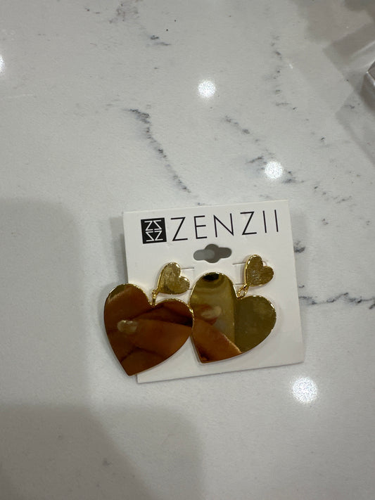 FLAT METAL DOUBLE HEART DROP EARRINGS - GOLD