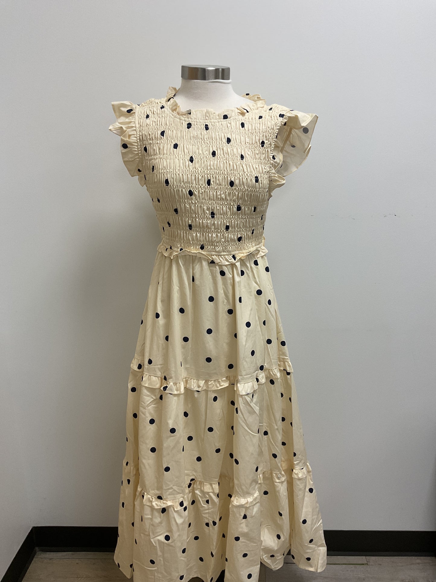 CREAM/NAVY POLKA DOT SMOCKING DETAIL MAXI DRESS