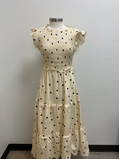 CREAM/NAVY POLKA DOT SMOCKING DETAIL MAXI DRESS