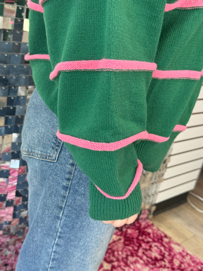 Green Sweater with Pink Stripes and Buttons